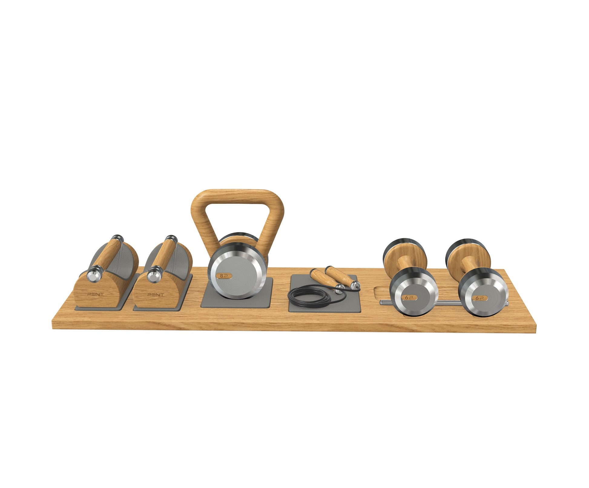 Luxury gym equipment set with push-up bars, a kettlebell, set of dumbbells, and a jumping rope on a premium wood stand. With wood materials in oak and stainless steel. PENT. DEHA - Set of Fitness Equipment