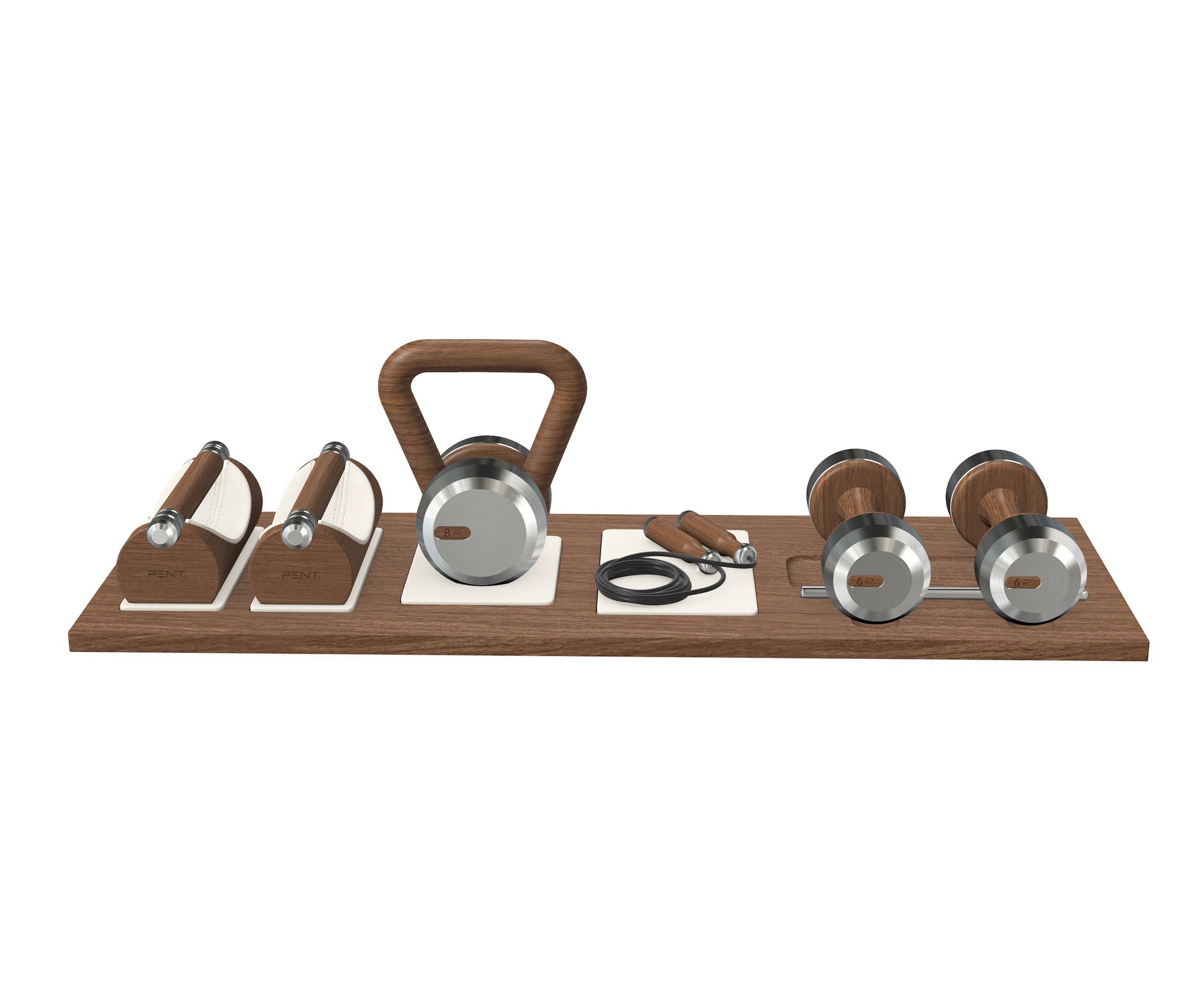 Luxury gym equipment set with push-up bars, a kettlebell, set of dumbbells, and a jumping rope on a premium wood stand. With wood materials in natural walnut and stainless steel. PENT. DEHA - Set of Fitness Equipment