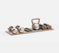 PENT DEHA set: a wooden stand with COLMIA dumbbells, LOVA kettlebell, SIENNA skipping rope, and LIPOVA push-up bars, customisable colours and weights.