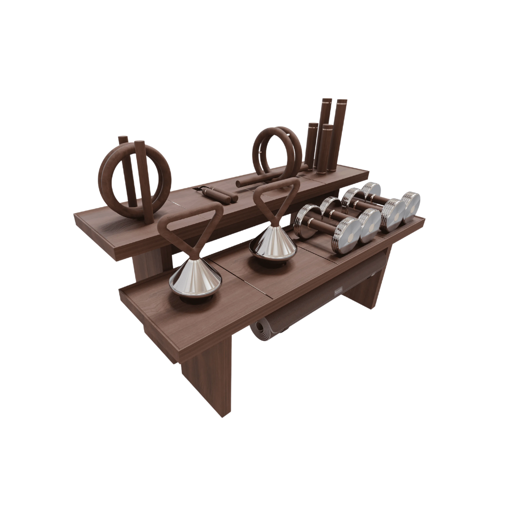 Luxury home gym solution blending sculptural equipment with refined craftsmanship.