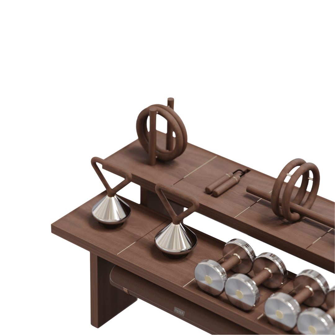 Detail view of storage furniture with brass accents and neatly organized fitness tools.