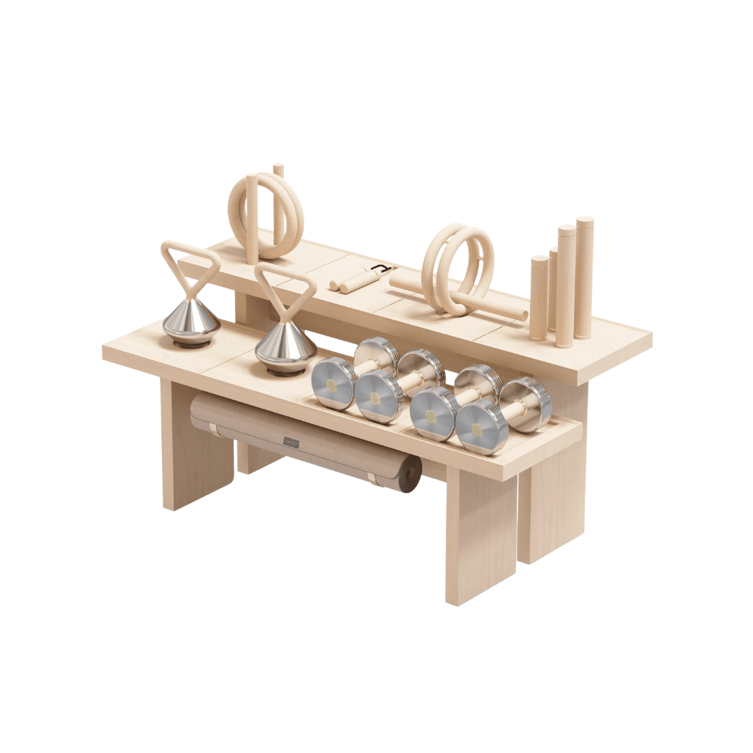 Kenko Fitness Set “Shokan” – luxury fitness collection with dumbbells, kettlebells, yoga mat, and more in maple wood.