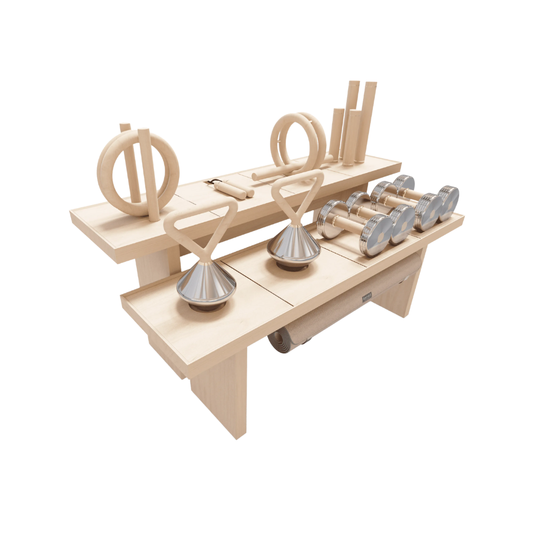 Complete workout kit crafted from maple wood with stainless steel and brass accents.