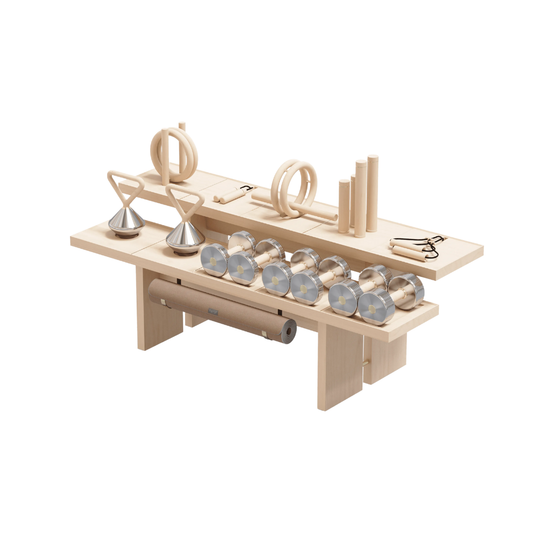 Kenko Fitness Set “Shinko” – elegant full-body training kit in maple with brass detailing.