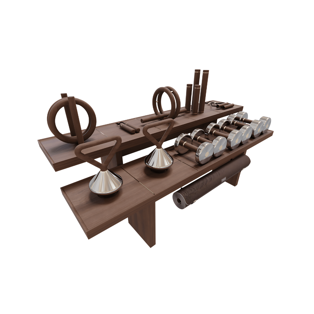 Push-up bars and abdominal roller crafted from walnut wood and stainless steel.