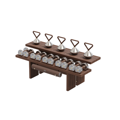 Kenko Fitness Set “Kiwami” – complete luxury fitness collection in walnut wood with brass accents.