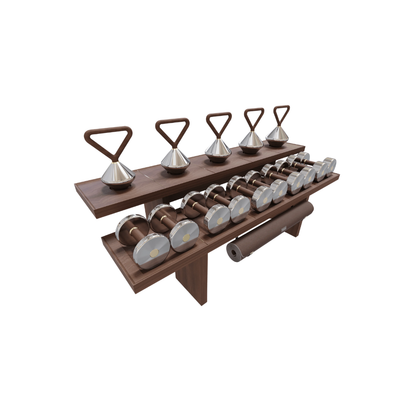 Full spectrum workout kit with dumbbells, kettlebells, yoga mat, expanders, and more in elegant wooden design.