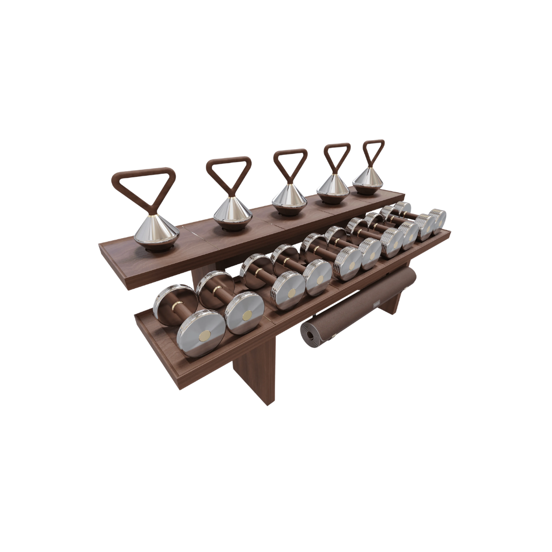 Full spectrum workout kit with dumbbells, kettlebells, yoga mat, expanders, and more in elegant wooden design.