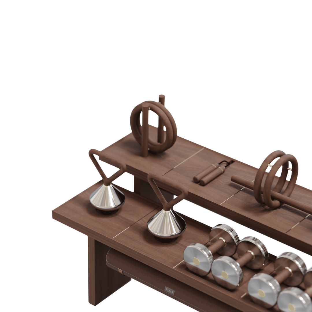 Push-up bars and abdominal roller crafted from walnut wood and stainless steel.