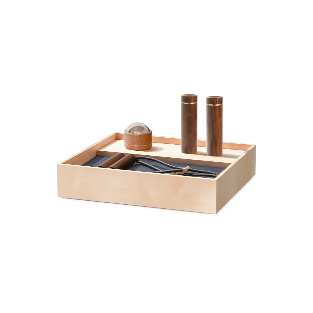Floor Set A – compact strength training kit with walnut wood box and gold-plated fittings.