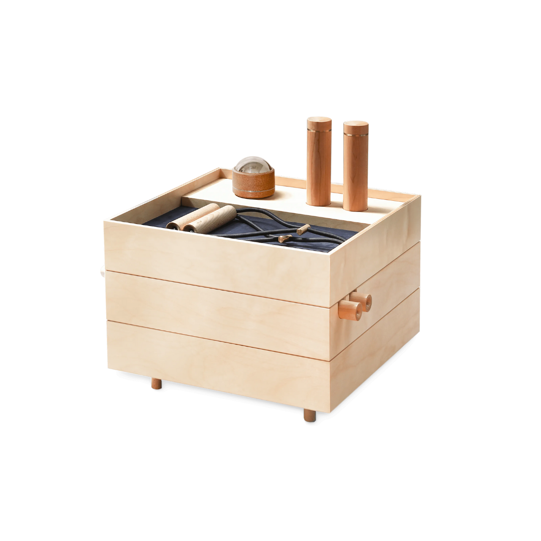 Floor Set B – luxury resistance training kit in maple wood box with gold-plated fittings.