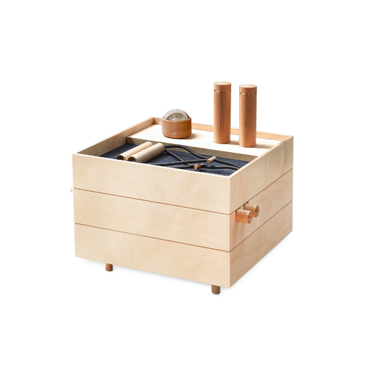 Floor Set B – luxury resistance training kit in maple wood box with gold-plated fittings.