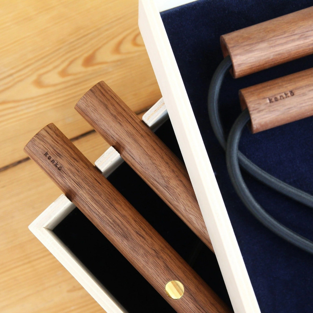 Detail of refined wood grain and polished fittings in Floor Set B workout set.