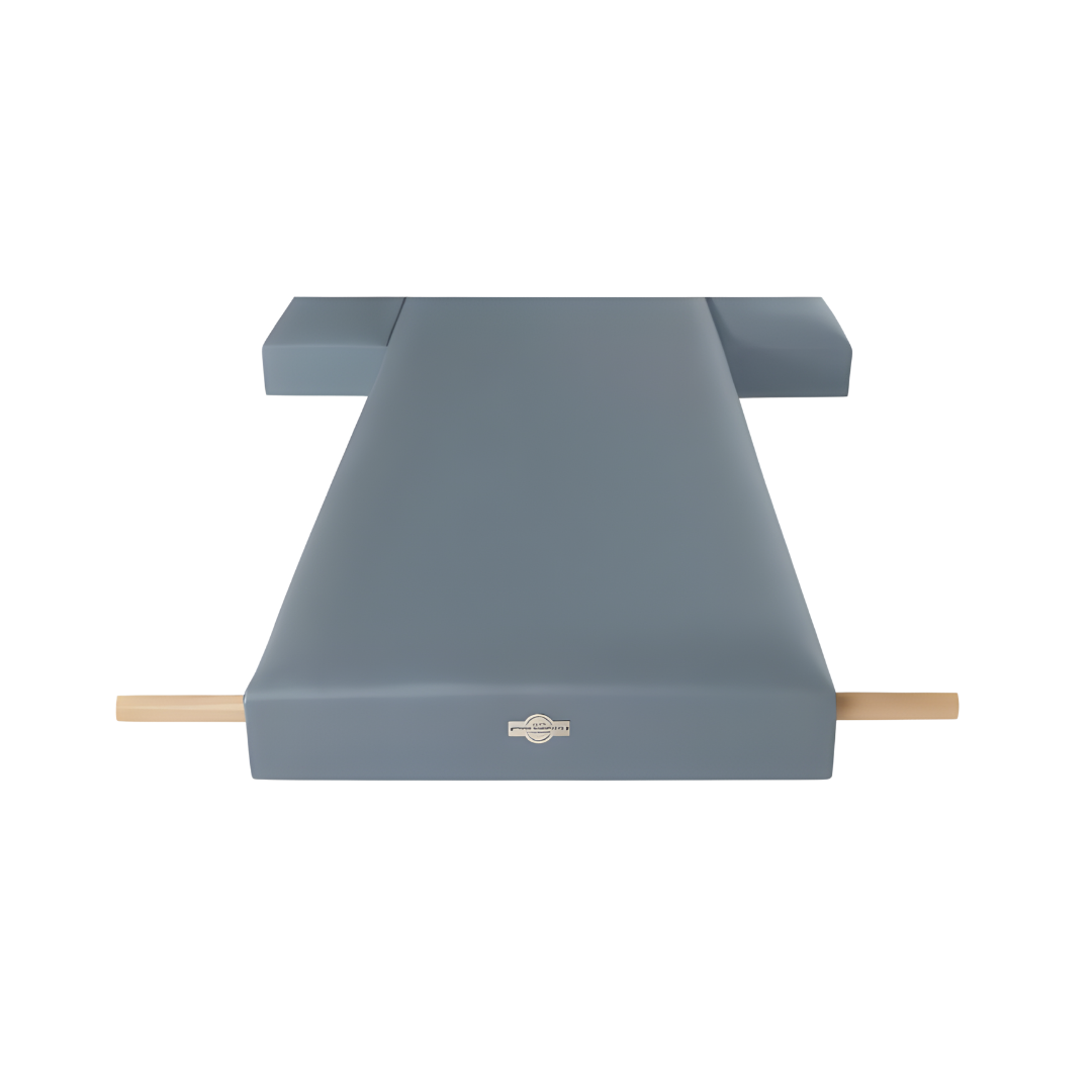 Detailed side view showing raised platform height and premium wood finish.