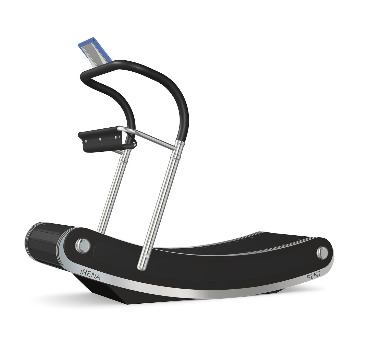 A luxurious curve manual treadmill made with black ash wood, stainless steel and premium Italian black leather. PENT. IRENA - Premium Curved Manual Treadmill