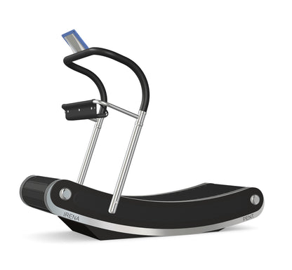 A luxurious curve manual treadmill made with black ash wood, stainless steel and premium Italian black leather. PENT. IRENA - Premium Curved Manual Treadmill