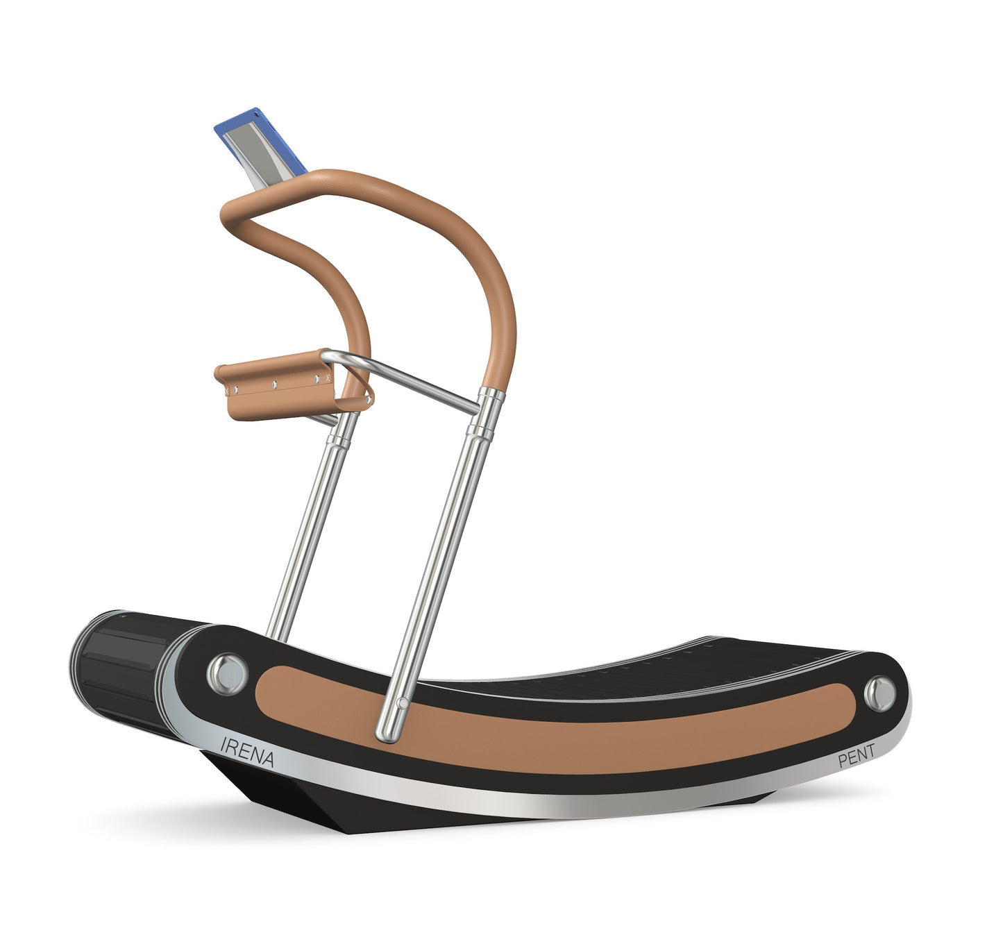 A luxurious curve manual treadmill made with black ash wood, stainless steel and premium Italian brown leather. PENT. IRENA - Premium Curved Manual Treadmill