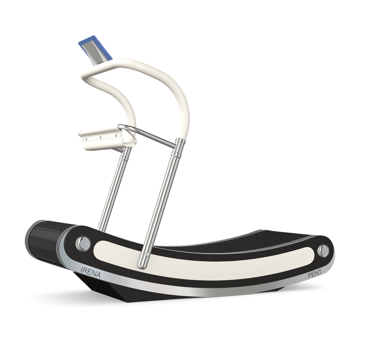 A luxurious curve manual treadmill made with black ash wood, stainless steel and premium Italian white leather. PENT. IRENA - Premium Curved Manual Treadmill