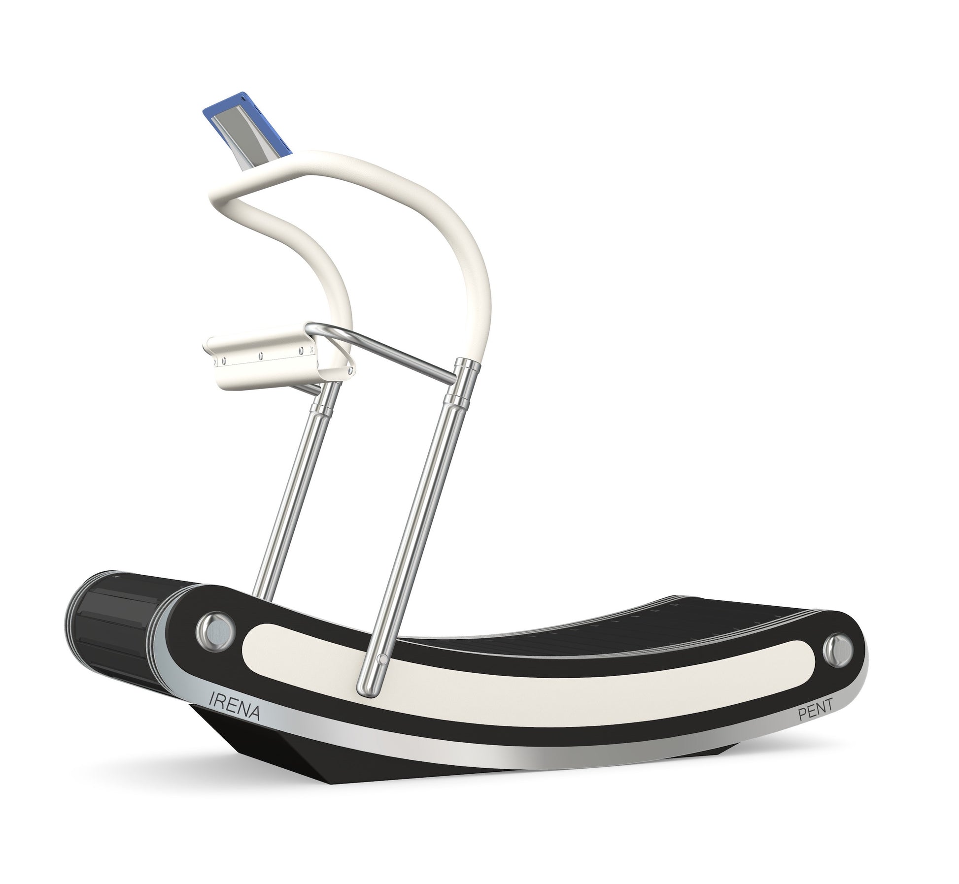 A luxurious curve manual treadmill made with black ash wood, stainless steel and premium Italian white leather. PENT. IRENA - Premium Curved Manual Treadmill