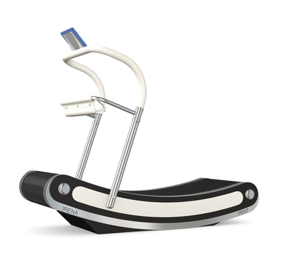 A luxurious curve manual treadmill made with black ash wood, stainless steel and premium Italian white leather. PENT. IRENA - Premium Curved Manual Treadmill