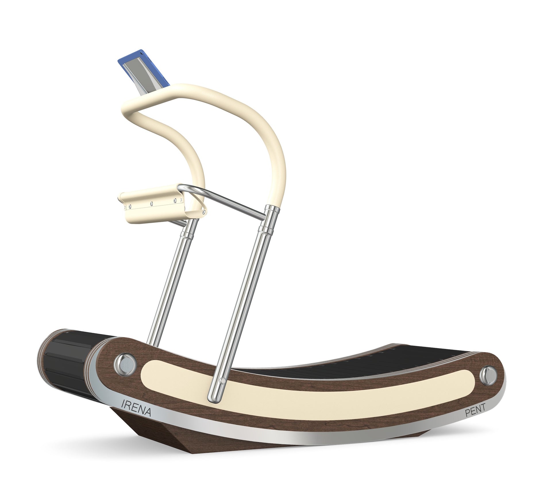 A luxurious curve manual treadmill made with dark walnut wood, stainless steel and premium Italian beige leather. PENT. IRENA - Premium Curved Manual Treadmill