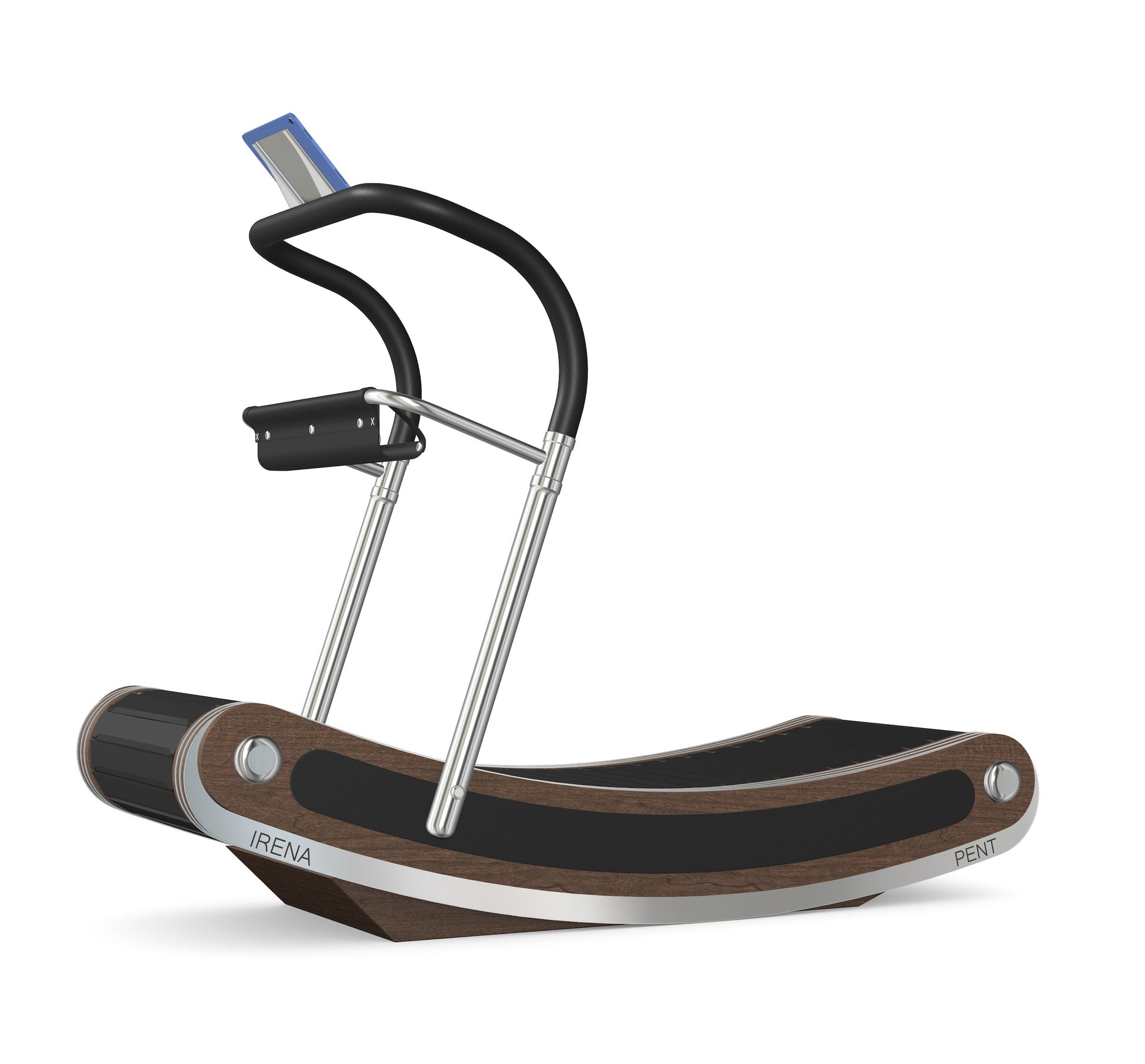 A luxurious curve manual treadmill made with dark walnut wood, stainless steel and premium Italian black leather. PENT. IRENA - Premium Curved Manual Treadmill