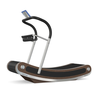A luxurious curve manual treadmill made with dark walnut wood, stainless steel and premium Italian black leather. PENT. IRENA - Premium Curved Manual Treadmill