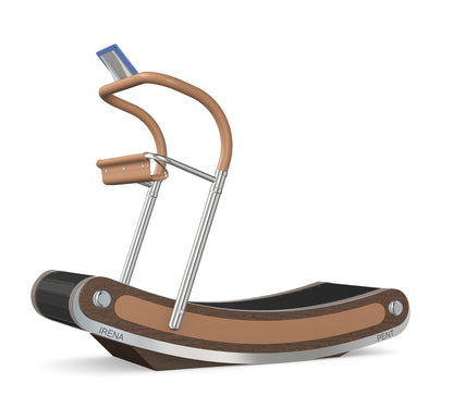 A luxurious curve manual treadmill made with dark walnut wood, stainless steel and premium Italian brown leather. PENT. IRENA - Premium Curved Manual Treadmill