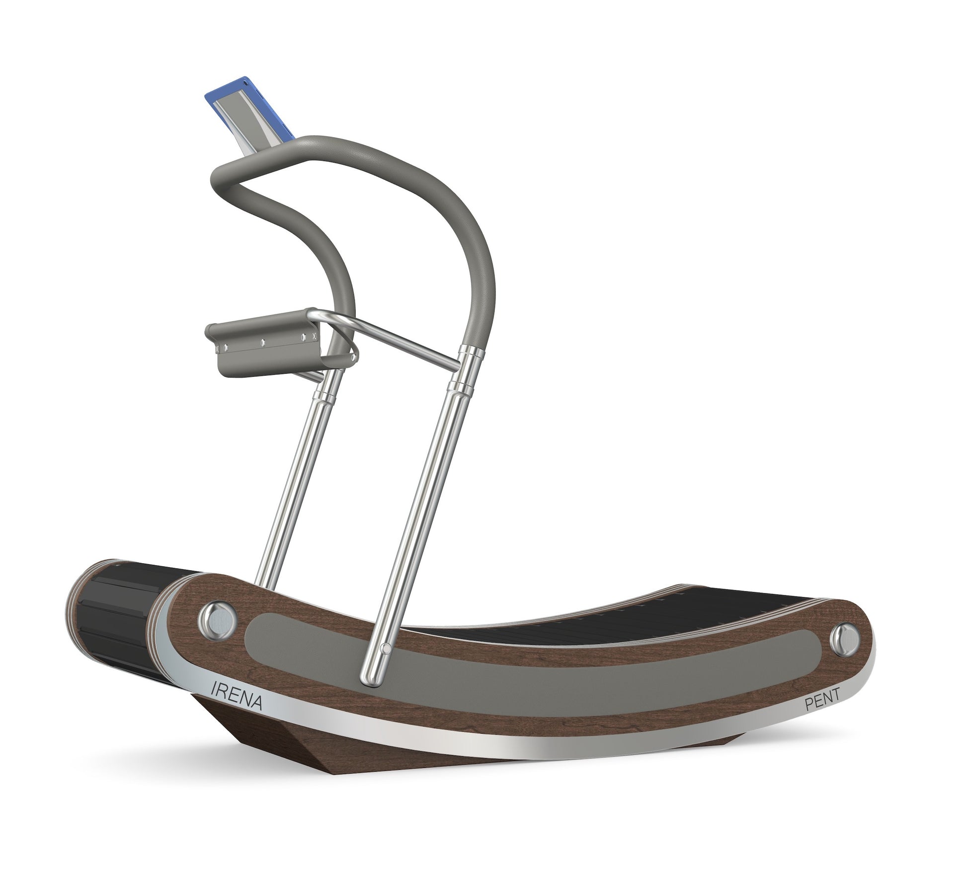 A luxurious curve manual treadmill made with dark walnut wood, stainless steel and premium Italian grey leather. PENT. IRENA - Premium Curved Manual Treadmill