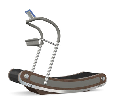 A luxurious curve manual treadmill made with dark walnut wood, stainless steel and premium Italian grey leather. PENT. IRENA - Premium Curved Manual Treadmill