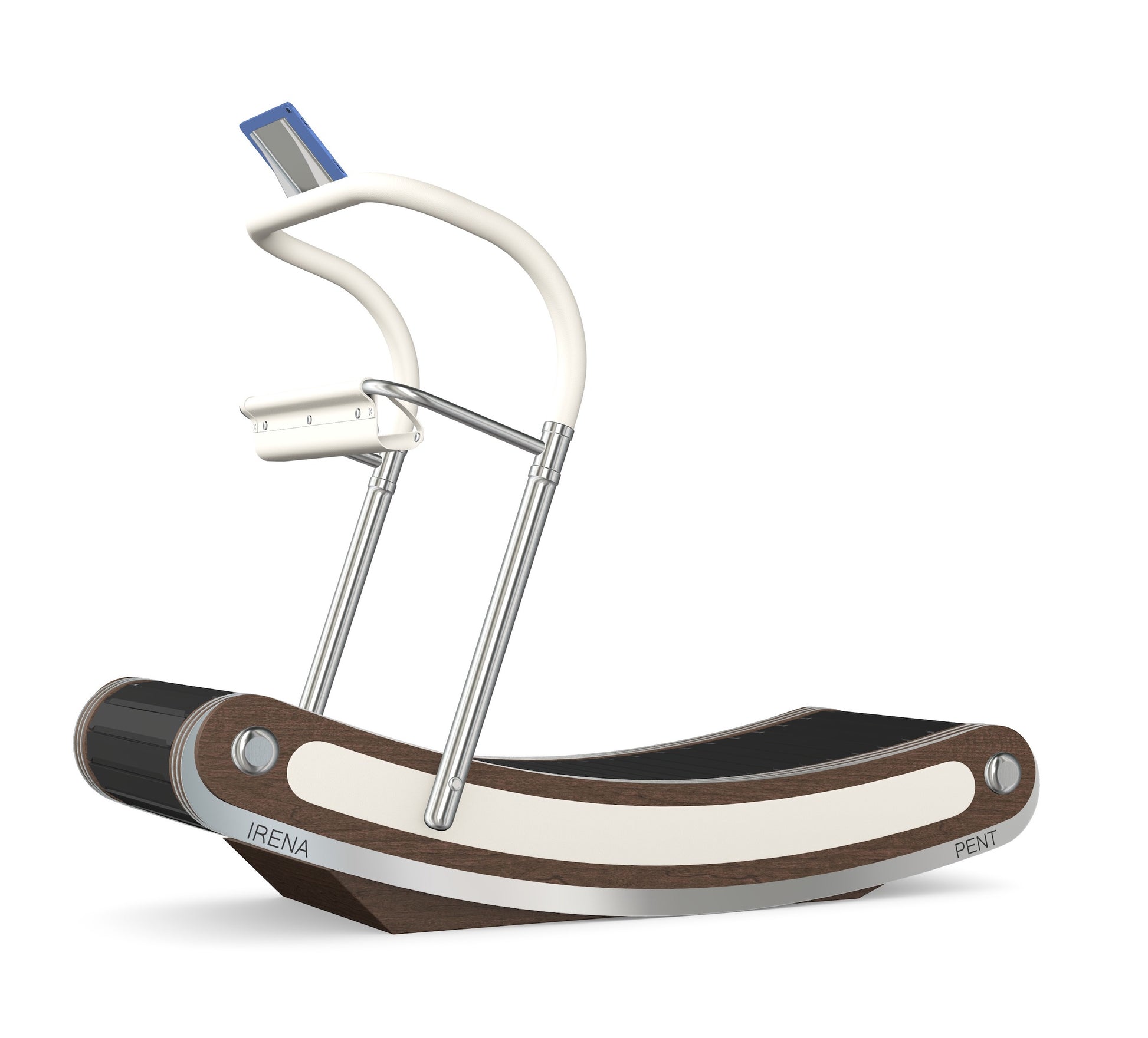 A luxurious curve manual treadmill made with dark walnut wood, stainless steel and premium Italian white leather. PENT. IRENA - Premium Curved Manual Treadmill