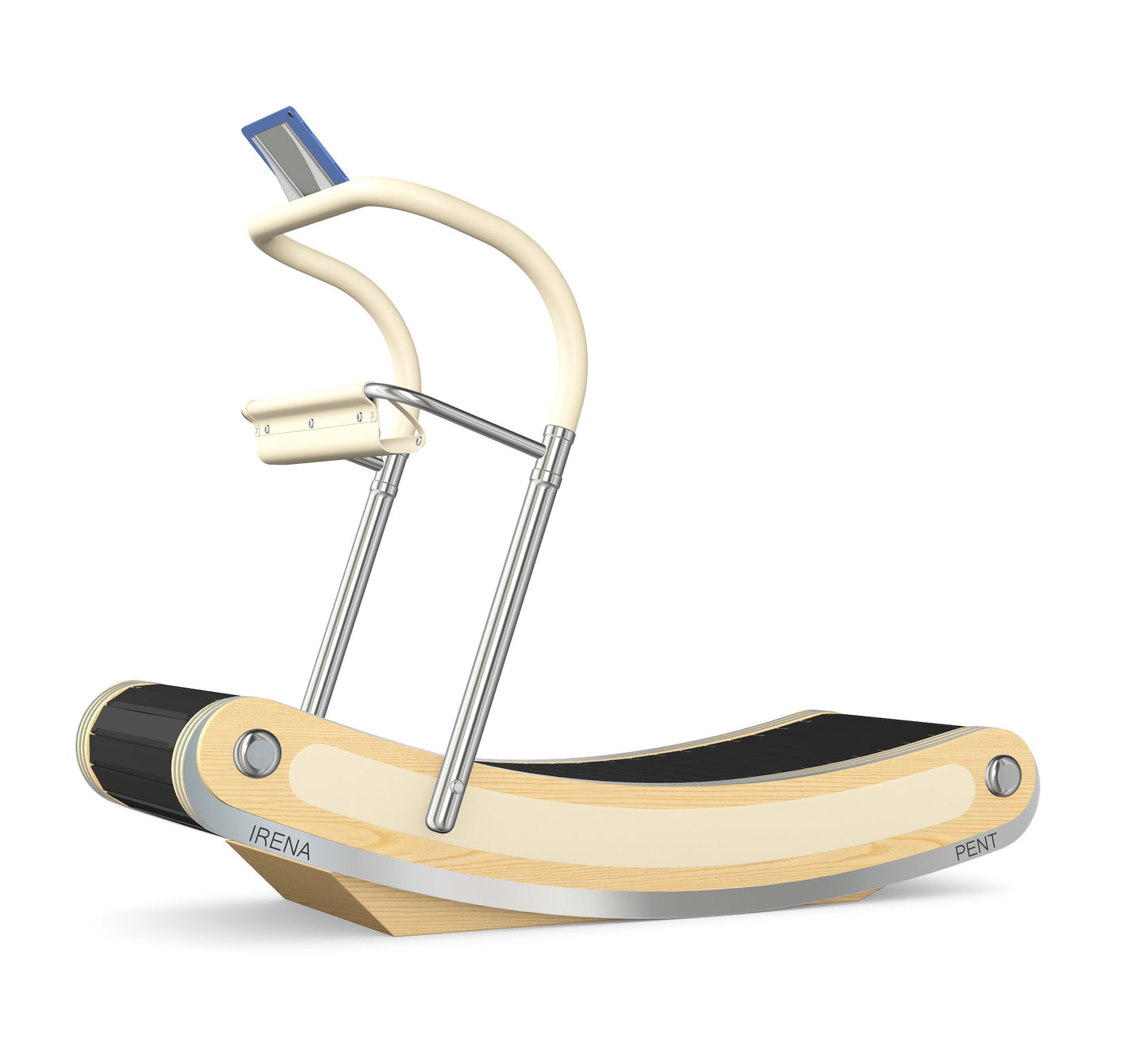 A luxurious curve manual treadmill made with natural ash wood, stainless steel and premium Italian beige leather. PENT. IRENA - Premium Curved Manual Treadmill