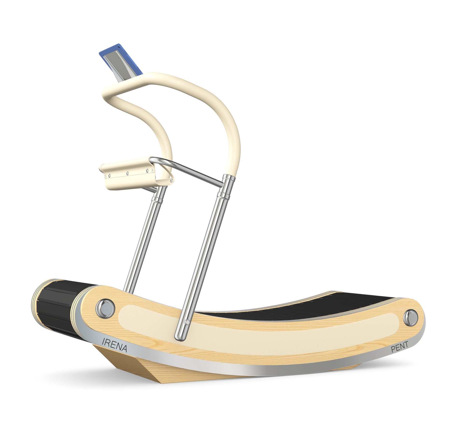 A luxurious curve manual treadmill made with natural ash wood, stainless steel and premium Italian beige leather. PENT. IRENA - Premium Curved Manual Treadmill