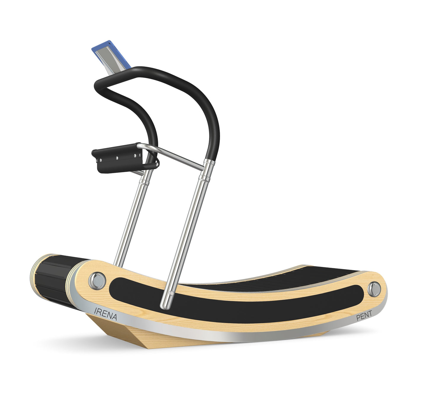 A luxurious curve manual treadmill made with natural ash wood, stainless steel and premium Italian black leather. PENT. IRENA - Premium Curved Manual Treadmill