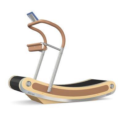 A luxurious curve manual treadmill made with natural ash wood, stainless steel and premium Italian brown leather. PENT. IRENA - Premium Curved Manual Treadmill