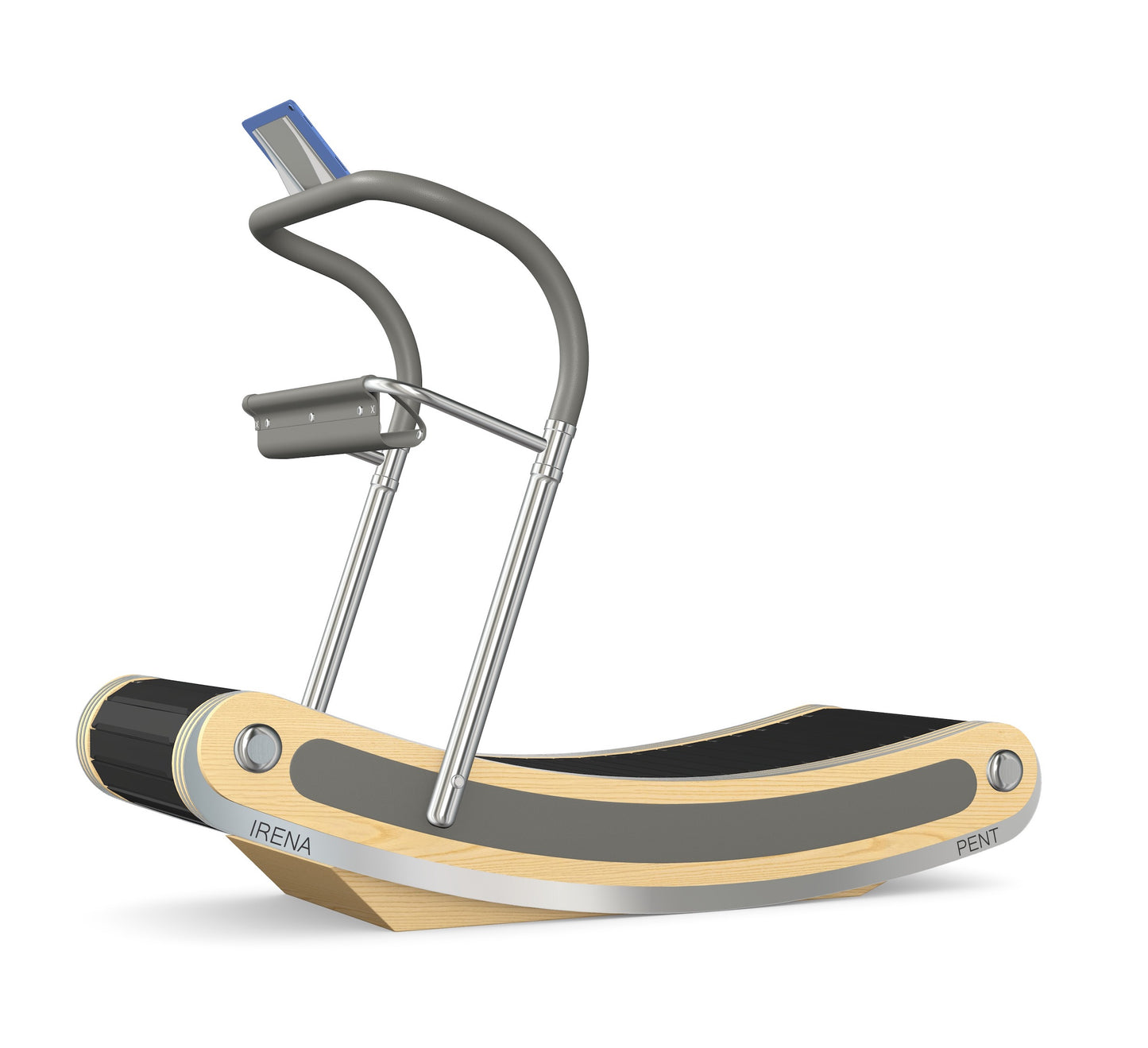 A luxurious curve manual treadmill made with natural ash wood, stainless steel and premium Italian grey leather. PENT. IRENA - Premium Curved Manual Treadmill