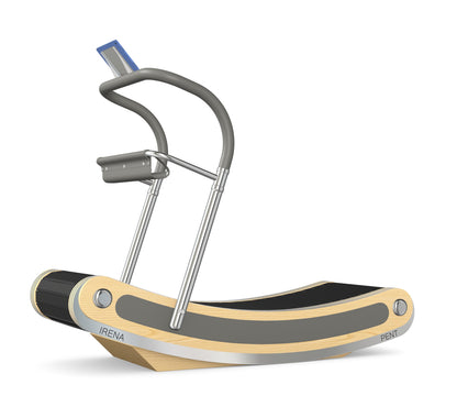A luxurious curve manual treadmill made with natural ash wood, stainless steel and premium Italian grey leather. PENT. IRENA - Premium Curved Manual Treadmill