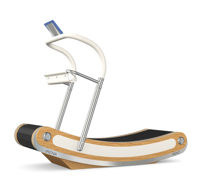 A luxurious curve manual treadmill made with oak wood, stainless steel and premium Italian white leather. PENT. IRENA - Premium Curved Manual Treadmill