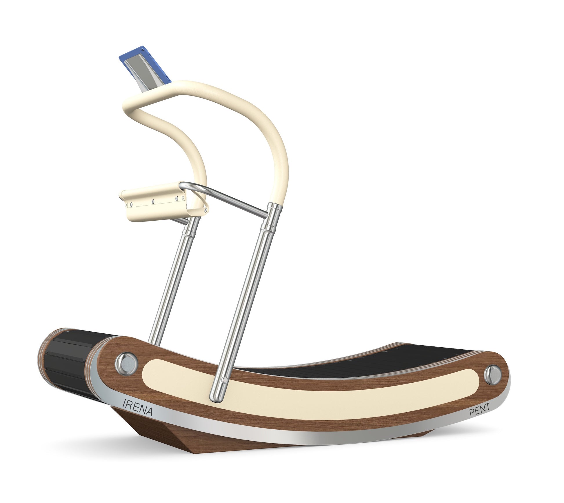 A luxurious curve manual treadmill made with natural walnut wood, stainless steel and premium Italian beige leather. PENT. IRENA - Premium Curved Manual Treadmill