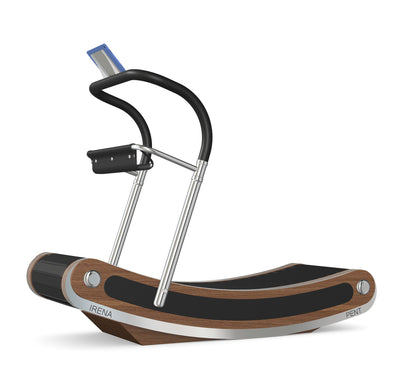 A luxurious curve manual treadmill made with dark walnut wood, stainless steel and premium Italian black leather. PENT. IRENA - Premium Curved Manual Treadmill
