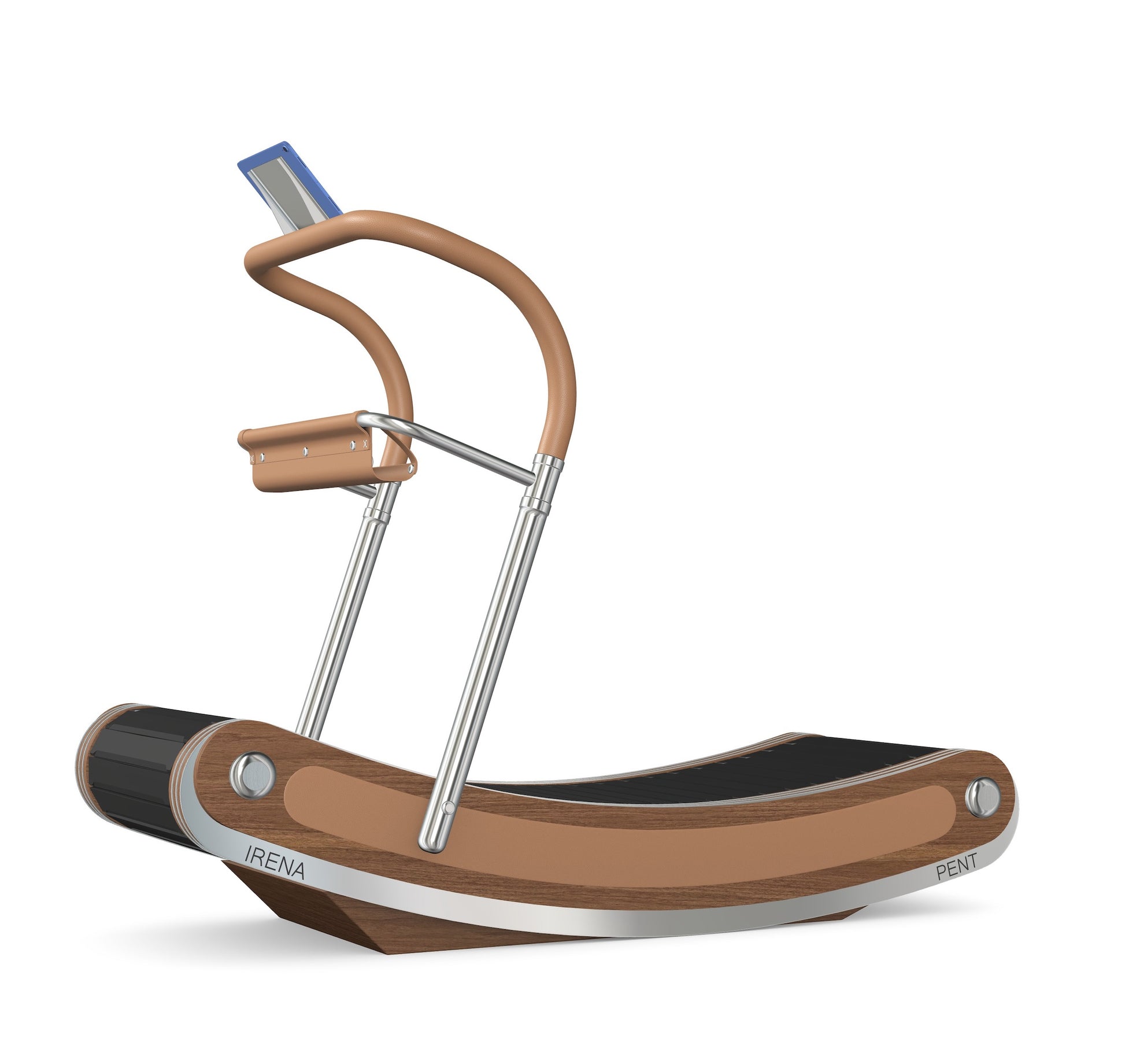 A luxurious curve manual treadmill made with dark walnut wood, stainless steel and premium Italian brown leather. PENT. IRENA - Premium Curved Manual Treadmill