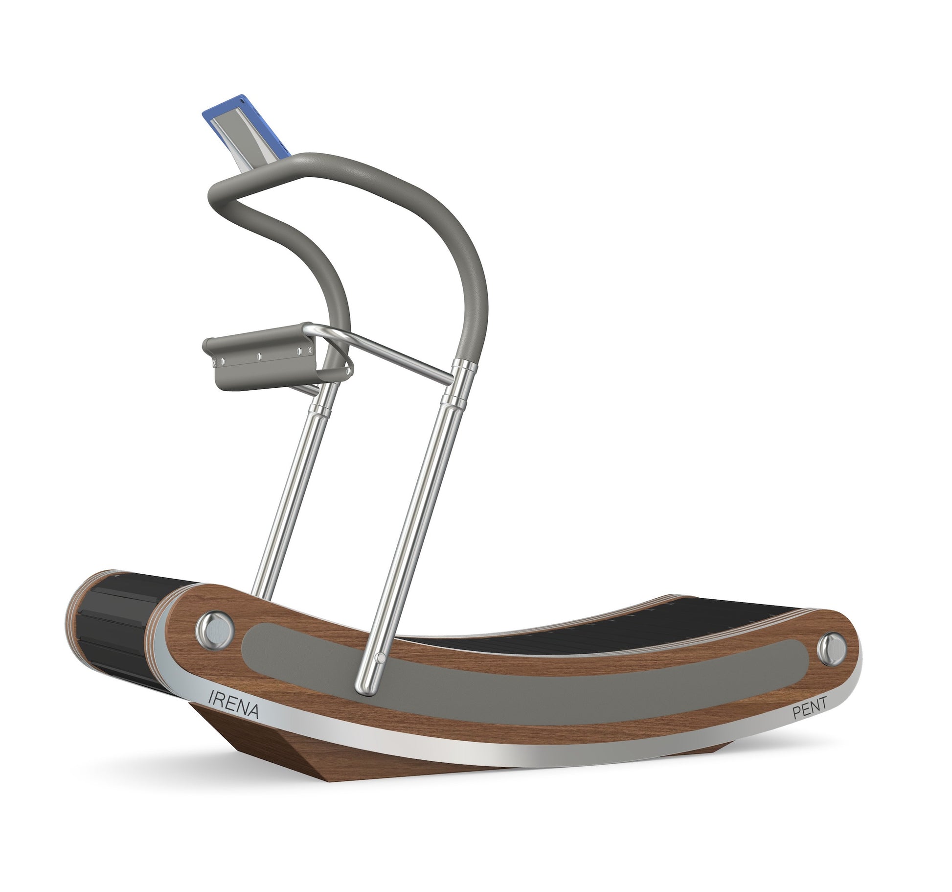A luxurious curve manual treadmill made with natural walnut wood, stainless steel and premium Italian grey leather. PENT. IRENA - Premium Curved Manual Treadmill