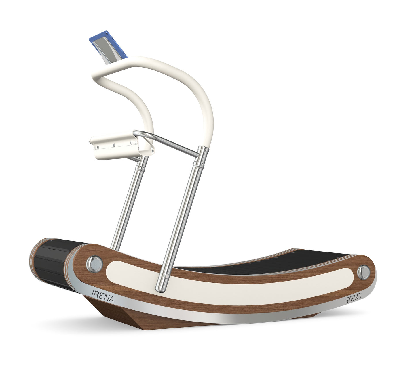 A luxurious curve manual treadmill made with walnut stained ash wood, stainless steel and premium Italian white leather. PENT. IRENA - Premium Curved Manual Treadmill