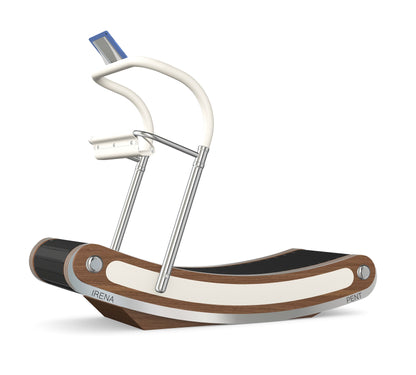 A luxurious curve manual treadmill made with walnut stained ash wood, stainless steel and premium Italian white leather. PENT. IRENA - Premium Curved Manual Treadmill