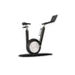 A modern stationary exercise bike with black leather and black ash wood, sleek design, adjustable seat, and attached workout screen. PENT Hania Exercise Bike