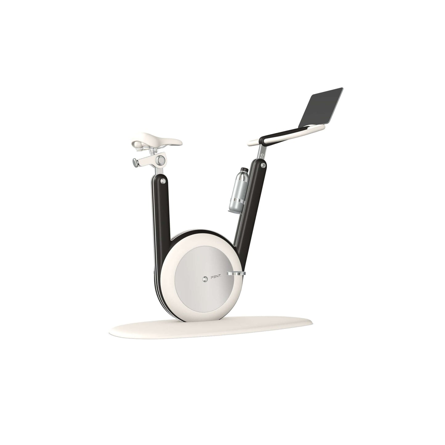A modern stationary exercise bike with white leather and black ash wood, sleek design, adjustable seat, and attached workout screen. PENT Hania Exercise Bike