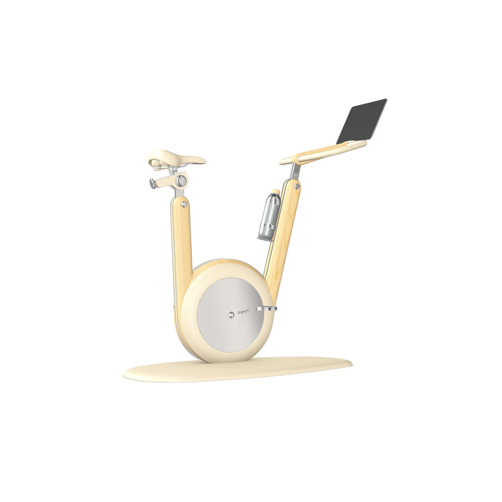 A modern stationary exercise bike with beige leather and natural ash wood, sleek design, adjustable seat, and attached workout screen. PENT Hania Exercise Bike
