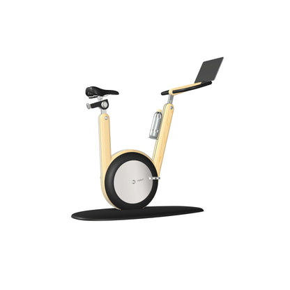 A modern stationary exercise bike with black leather and natural ash wood, sleek design, adjustable seat, and attached workout screen. PENT Hania Exercise Bike