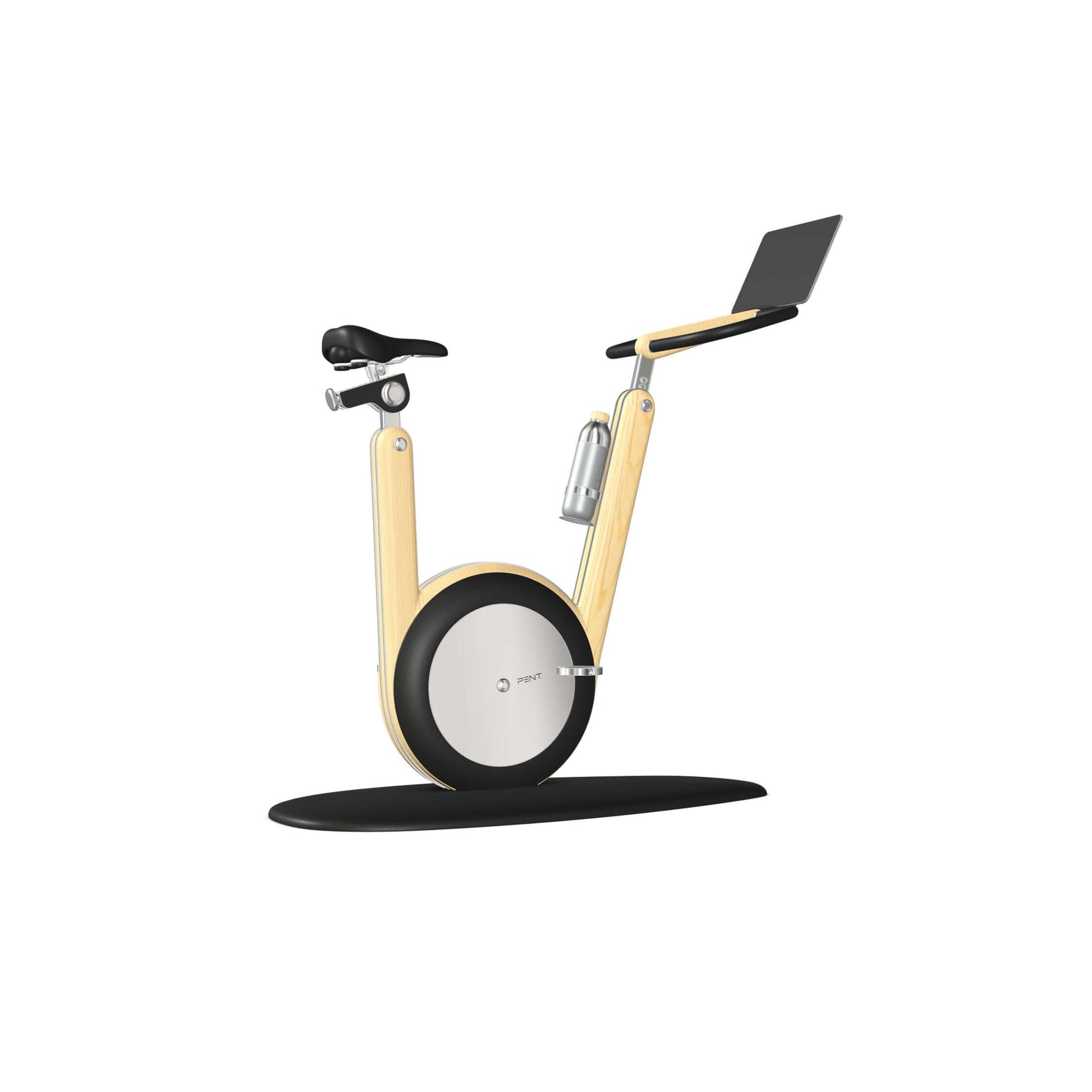 A modern stationary exercise bike with black leather and natural ash wood, sleek design, adjustable seat, and attached workout screen. PENT Hania Exercise Bike
