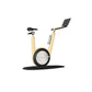 A modern stationary exercise bike with black leather and natural ash wood, sleek design, adjustable seat, and attached workout screen. PENT Hania Exercise Bike